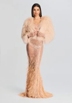 Odessa Sequin Feather Dress -TrendAura Store Ecommerce Crop 20230815 Diem Gloves Tannin 1159 ECOMM